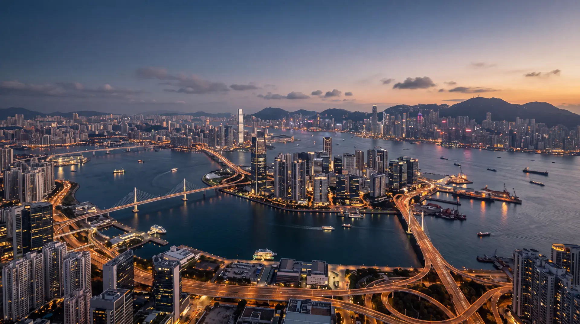 Aerial night view of a global waterfront city