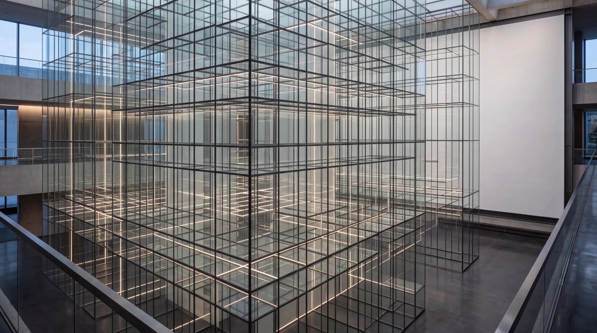 Abstract glass atrium of intersecting transparent volumes