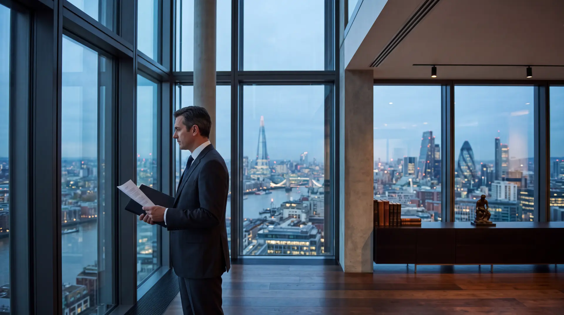Advisor reviewing documents in an executive office